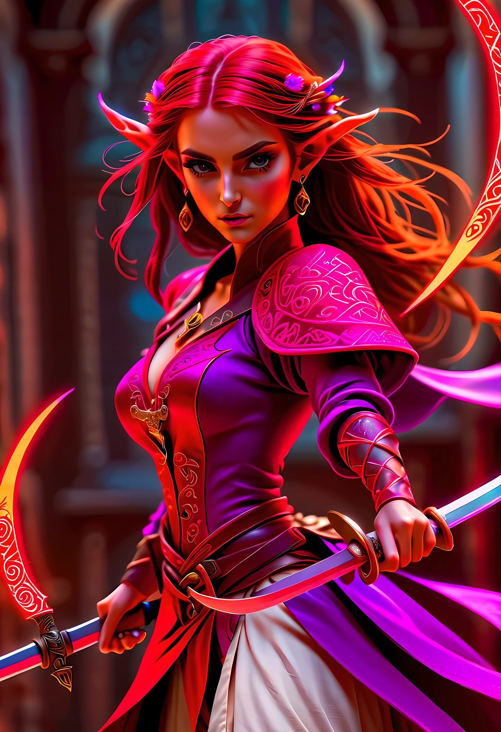 a picture of a female elf (intense details, Masterpiece, best quality: 1.5) fantasy swashbuckler, fantasy fencer, armed with a slim sword, shinning sword, metallic shine, colorful clothes, dynamic clothing, an ultra wide shot, full body (intense details, Masterpiece, best quality: 1.5)epic beautiful female elf (intense details, Masterpiece, best quality: 1.5), rich hair, braided hair, small pointed ears, action shot, GlowingRunesAI_red  [colorful magical sigils in the air],[ colorful arcane markings floating] (intricate details, Masterpiece, best quality: 1.6), holding a [sword] (intricate details, Masterpiece, best quality: 1.6) holding a [sword glowing in red light]fantasy urban street (intense details, Masterpiece, best quality: 1.5),  purple cloak, long cloak (intense details, Masterpiece, best quality: 1.5), sense of daring, sense of adventure,  high details, best quality, 8k, [ultra detailed], masterpiece, best quality, (extremely detailed), dynamic angle, ultra wide shot, photorealistic, RAW, fantasy art, dnd art,fantasy art, realistic art,