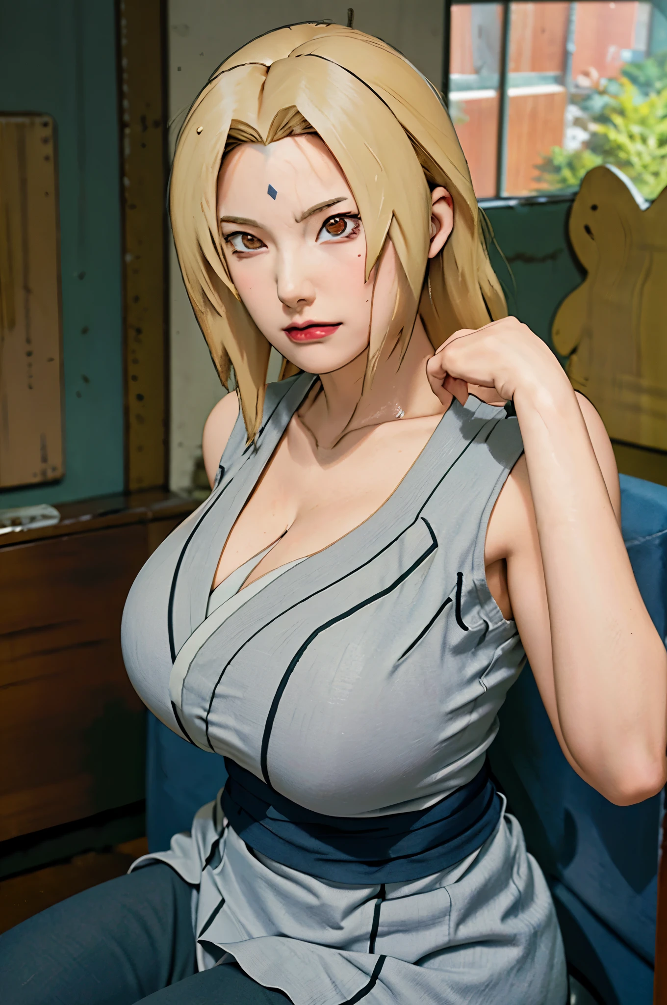 beste Qualität, Meisterwerk, ultrahohe Auflösung, (photorealistisch:1.4), blonde Frau in einem grauen Kleid, schwarze Hosen, und Kung-Fu-Schuhe stehen in einer Stadtstraße, Tsunade aus Naruto, posiert im Neo-Tokio-Futurismus, Yaoi Kasuma, inspiriert von Tadanori Yokoo, im Neo-Tokio, kunoichi, Porträt mit mittlerer Aufnahme, japanische Frau, große kurvige Brust, Dekollete, (riesige Titten), Dekollete, Gute Anatomie, Meisterwerk, beste Qualität, 4k, 8k, professionelle Fotografie, Sanftes Licht, scharfer Fokus, 1 Mädchen, Blondes Haar, Kimono, (Berg), Wolken, Blondes Haar, getrennte Banken, Detailliertes Gesicht+braune Augen, lächeln, geschlossene Lippen, Lippenstift, Bücherregale, windows,realistisch, Tsunade im Anime (Naruto),qualiti detail higt ,HDR-Fotos