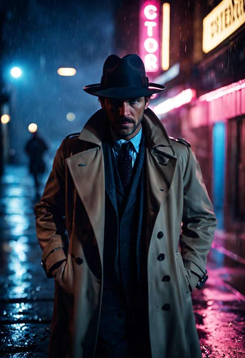 cinematic film still {Neon Noir Showdown: (masterpiece, 8K, UHD, photo-realistic:1.3), grizzled detective with (stubble and piercing blue eyes:1.1), (trench coat:1.2), fedora hat, in a rain-soaked alley, neon signs reflecting on puddles, tense standoff with shadowy figure, (vintage revolver:1.2), steam rising from the pavement, contrasting (neon pink and electric blue:1.1) lighting, close-up shot, side view, intense gaze, dramatic shadows, wet asphalt, moody and atmospheric, rain droplets mid-air, (anxious anticipation:1.1), detailed facial expressions} . shallow depth of field, vignette, highly detailed, high budget, bokeh, cinemascope, moody, epic, gorgeous, film grain, grainy