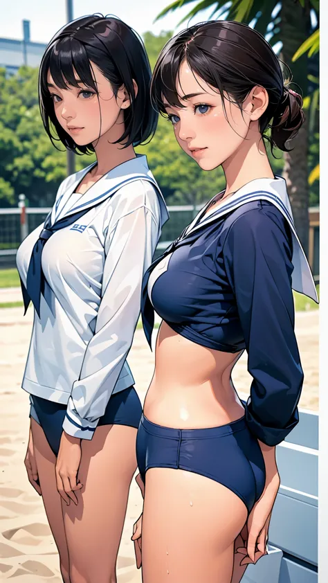(2 girls, 15 years old, same height :1.2) ,(((Rear view))),  couple focus ,    japanese girl ,  (smile:0.7), stand next to each other ,  Upper body, beach volleyball,please reconsider, (Never wear a skirt), sailor suit, long sleeve, navy blue bloomers, The...