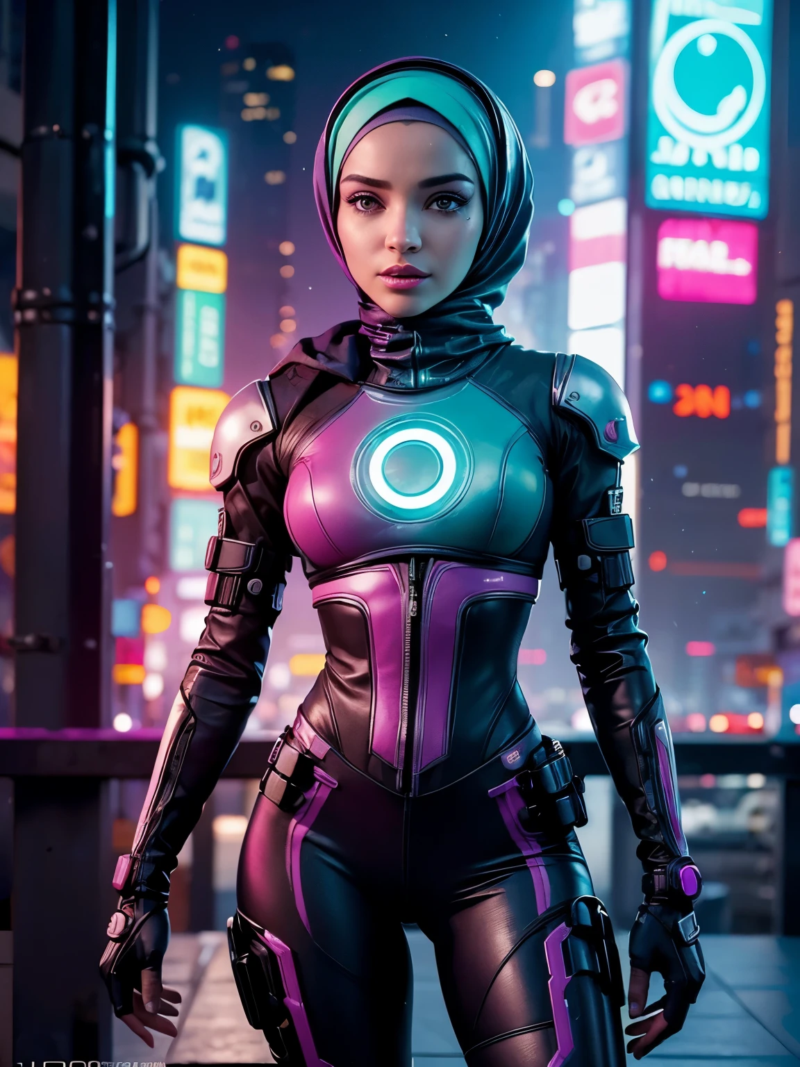 (Fotorrealista:1.4) imagen de una chica cyber punk con hijab, (de primera calidad, 8K, 32k, obra maestra), (pose dinámica), ((frente a la cámara)), (mirando a la cámara), tiro de vaquero, hijab sin forma, Colorido hijab, ropa colorida cyberpunk, Profundidad de campo f/1.8, fondo de la ciudad ciberpunk, iluminación cinematográfica.