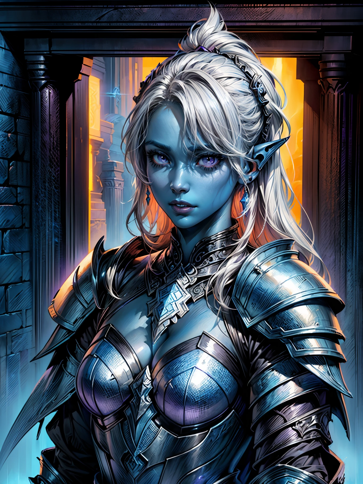 fantasy art, dnd art, RPG art, wide shot, (masterpiece: 1.4) a (portrait: 1.3) intense details, highly detailed, photorealistic, best quality, highres, portrait a female (fantasy art, Masterpiece, best quality: 1.3) ((blue skin: 1.5)), intense details facial details, exquisite beauty, (fantasy art, Masterpiece, best quality) cleric, (blue: 1.3) skinned female, (white hair: 1.4), long hair, (hair hides ears: 1.5), (purple eyes: 1.3), action shot fantasy art, Masterpiece, best quality) armed a fiery sword red fire, wearing heavy (white: 1.3) half plate mail armor, wearing high heeled laced boots, wearing an(orange :1.3) cloak, wearing glowing holy symbol GlowingRunes_yellow, within fantasy temple background, reflection light, high details, best quality, 16k, [ultra detailed], masterpiece, best quality, (extremely detailed), close up, ultra wide shot, photorealistic, RAW, fantasy art, dnd art, fantasy art, realistic art,((best quality)), ((masterpiece)), (detailed), perfect face,