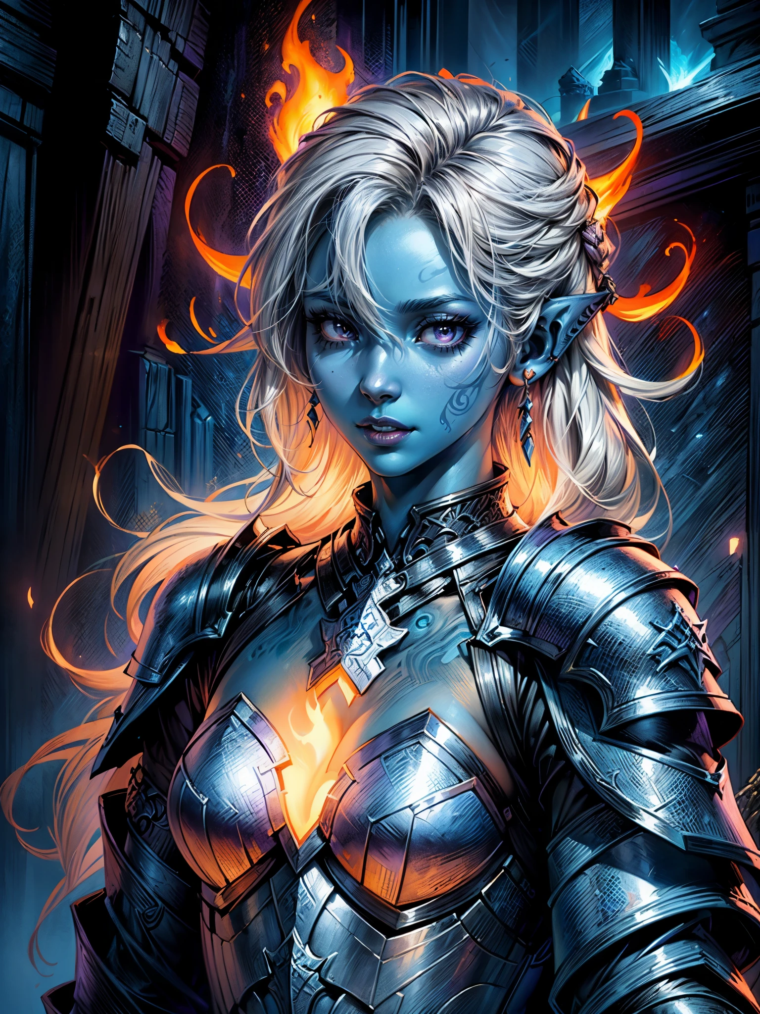 fantasy art, dnd art, RPG art, wide shot, (masterpiece: 1.4) a (portrait: 1.3) intense details, highly detailed, photorealistic, best quality, highres, portrait a female (fantasy art, Masterpiece, best quality: 1.3) ((blue skin: 1.5)), intense details facial details, exquisite beauty, (fantasy art, Masterpiece, best quality) cleric, (blue: 1.3) skinned female, (white hair: 1.4), long hair, (hair hides ears: 1.5), (purple eyes: 1.3), action shot fantasy art, Masterpiece, best quality) armed a fiery sword red fire, wearing heavy (white: 1.3) half plate mail armor, wearing high heeled laced boots, wearing an(orange :1.3) cloak, wearing glowing holy symbol GlowingRunes_yellow, within fantasy temple background, reflection light, high details, best quality, 16k, [ultra detailed], masterpiece, best quality, (extremely detailed), close up, ultra wide shot, photorealistic, RAW, fantasy art, dnd art, fantasy art, realistic art,((best quality)), ((masterpiece)), (detailed), perfect face,