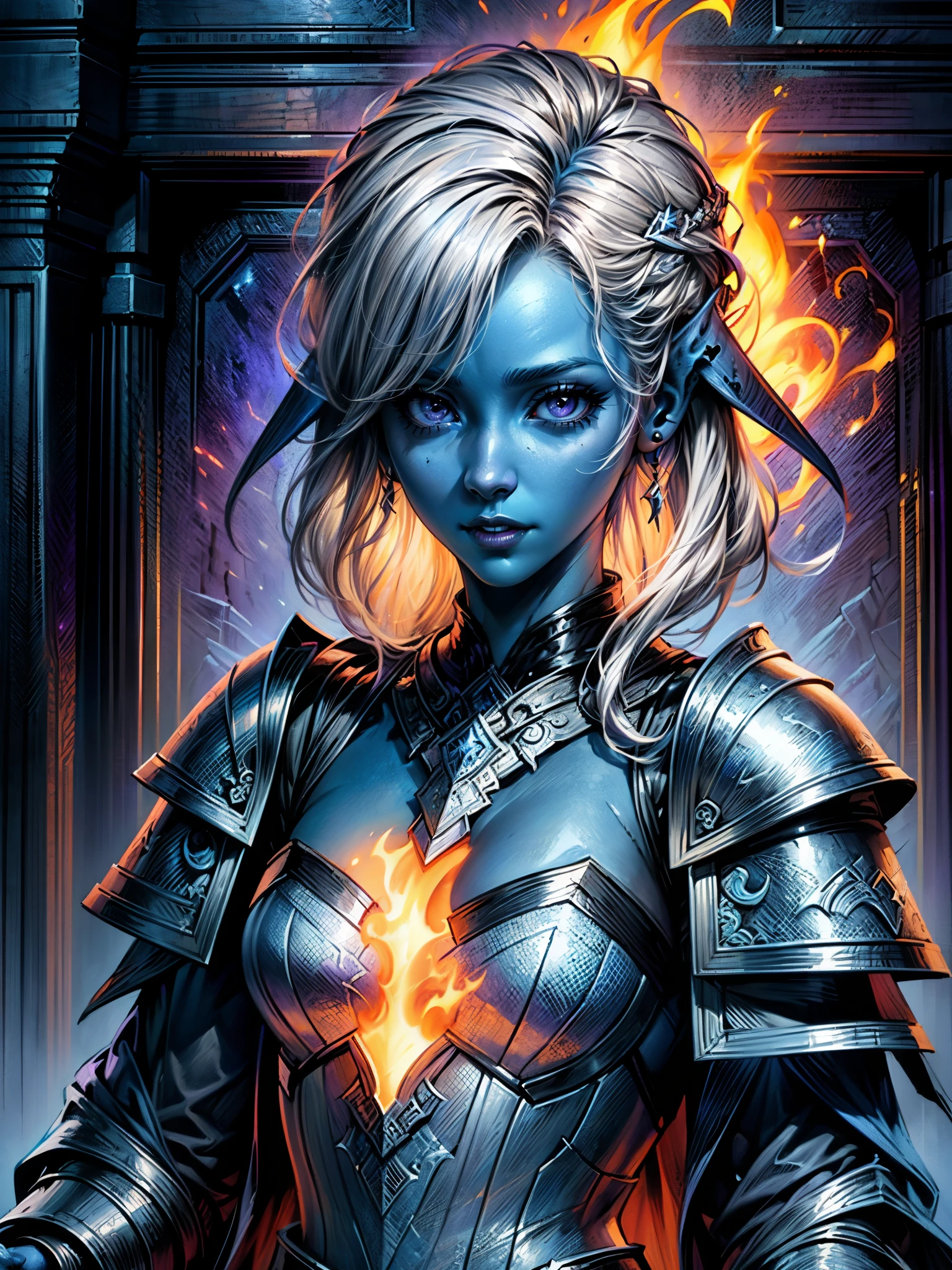 fantasy art, dnd art, RPG art, wide shot, (masterpiece: 1.4) a (portrait: 1.3) intense details, highly detailed, photorealistic, best quality, highres, portrait a female (fantasy art, Masterpiece, best quality: 1.3) ((blue skin: 1.5)), intense details facial details, exquisite beauty, (fantasy art, Masterpiece, best quality) cleric, (blue: 1.3) skinned female, (white hair: 1.4), long hair, (hair hides ears: 1.5), (purple eyes: 1.3), action shot fantasy art, Masterpiece, best quality) armed a fiery sword red fire, wearing heavy (white: 1.3) half plate mail armor, wearing high heeled laced boots, wearing an(orange :1.3) cloak, wearing glowing holy symbol GlowingRunes_yellow, within fantasy temple background, reflection light, high details, best quality, 16k, [ultra detailed], masterpiece, best quality, (extremely detailed), close up, ultra wide shot, photorealistic, RAW, fantasy art, dnd art, fantasy art, realistic art,((best quality)), ((masterpiece)), (detailed), perfect face,