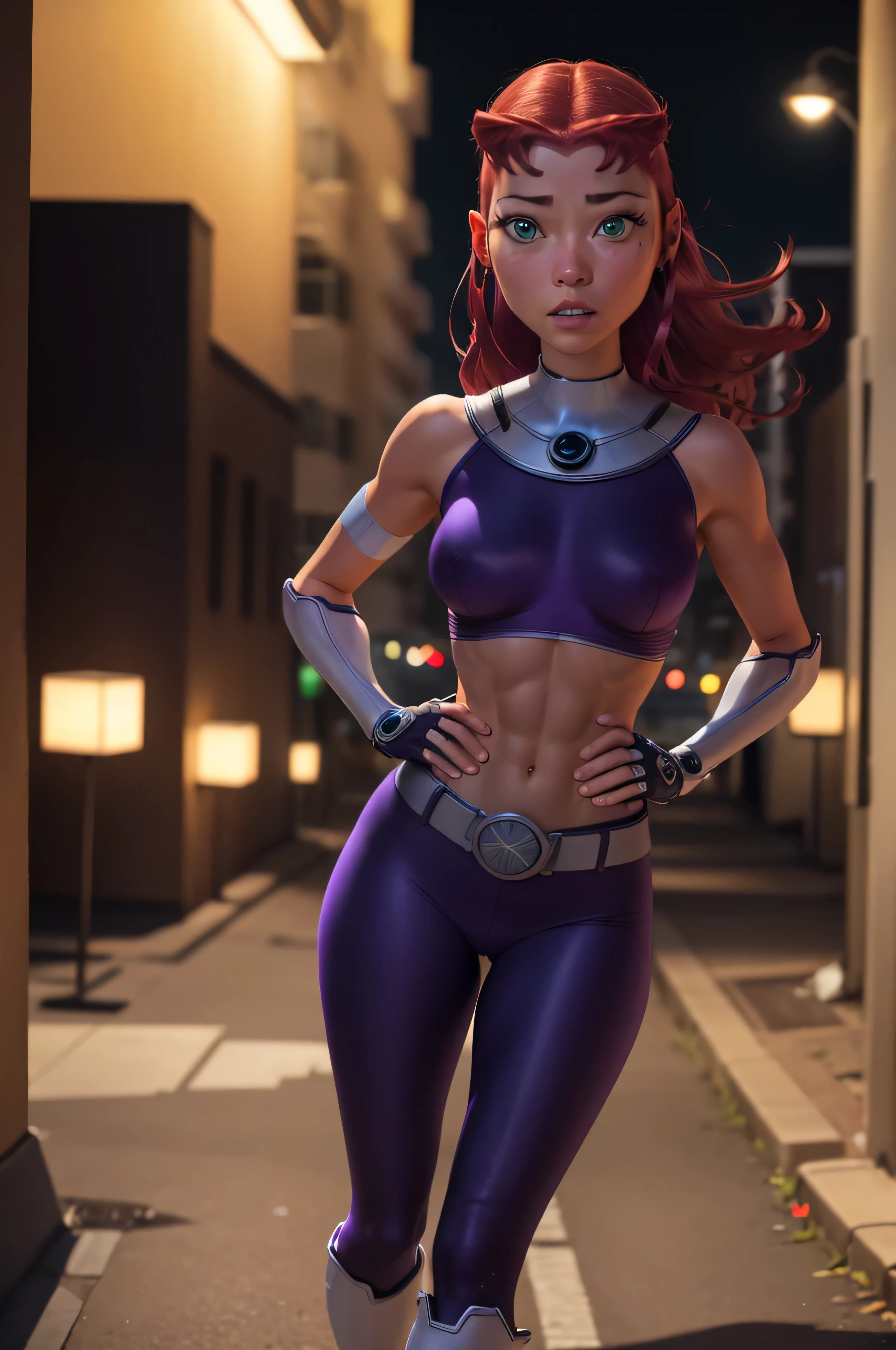 Starfire-Teen Titans, orange skin, solo, red hair, gloves, 1girl, action shot, girl focus, boots, belt, abs, skin tight, hands on hips, realistic, superhero, spandex, (bodysuit), green eyes, detailed eyes, city, night, moon, ultra realistic,32k,RAW photo,(high detailed skin:1.2), 8k uhd, dslr, soft lighting, high quality, film grain, photo-realistic, octane render, unreal engine, ultra-realistic