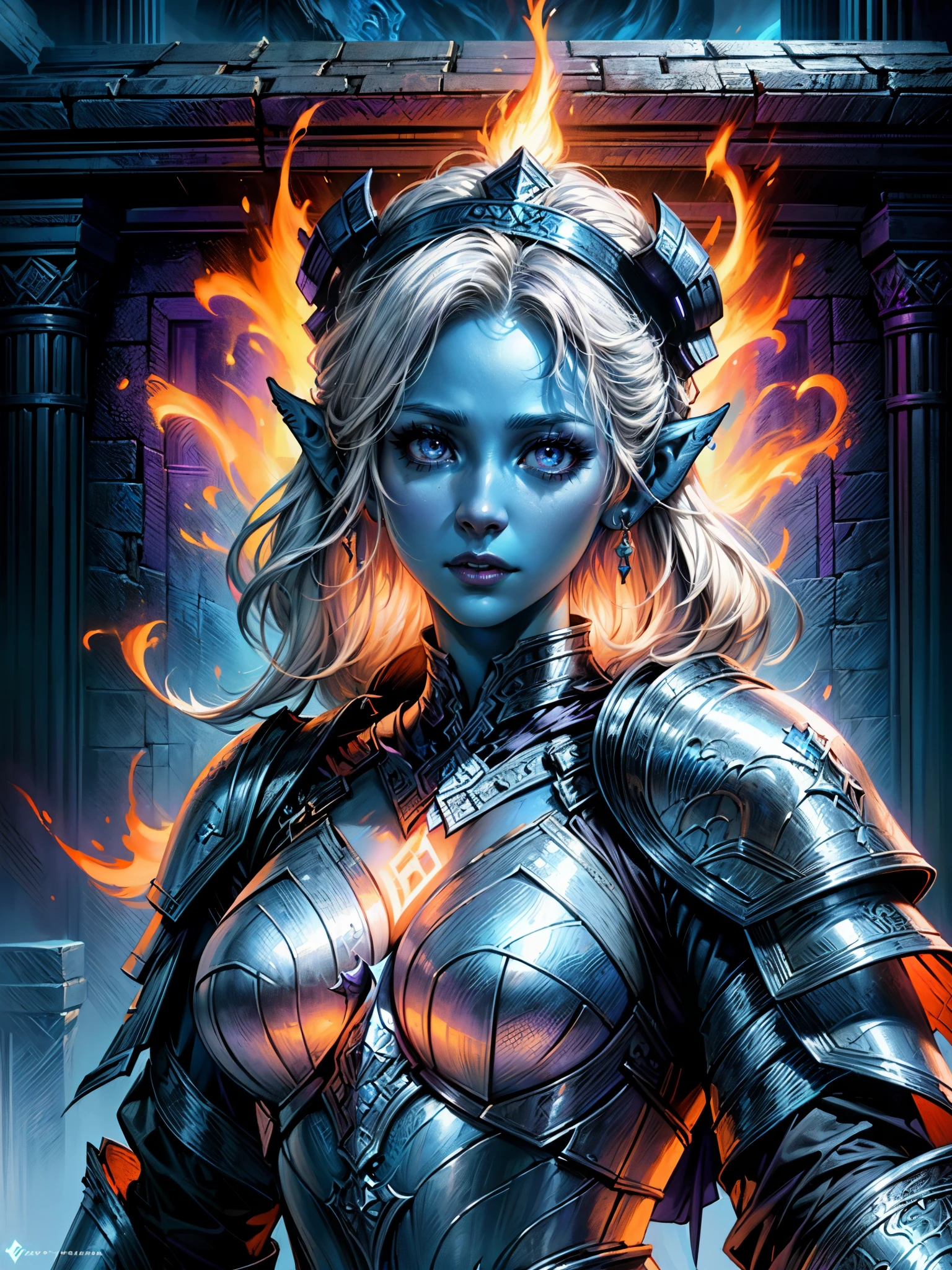 fAntAsy Art, dnd Art, RPG Art, Weitwinkelaufnahme, (mAsterpiece: 1.4) A (portrAit: 1.3) intense detAils, highly detAiled, photoreAlistic, best quAlity, highres, portrAit A femAle (fAntAsy Art, MAsterpiece, best quAlity: 1.3) ((Blau skin: 1.5)), intense detAils fAciAl detAils, exquisite beAuty, (fAntAsy Art, MAsterpiece, best quAlity) Kleriker, (Blau: 1.3) skinned femAle, (Weiß hAir: 1.4), long hAir, (hAir hides eArs: 1.5), (lila Augen: 1.3), Action shot fAntAsy Art, MAsterpiece, best quAlity) Armed A fiery sword red fire, weAring heAvy (Weiß: 1.3) hAlf plAte mAil Armor, weAring high heeled lAced boots, weAring An(orAnge :1.3) cloAk, weAring glowing holy symbol GlowingRunes_Gelb, within fAntAsy temple bAckground, Reflexionslicht, high detAils, best quAlity, 16k, [ultrA detAiled], mAsterpiece, best quAlity, (extremely detAiled), Nahaufnahme, ultrA Weitwinkelaufnahme, photoreAlistic, Roh, fAntAsy Art, dnd Art, fAntAsy Art, reAlistic Art,((best quAlity)), ((mAsterpiece)), (detAiled), perfect fAce,