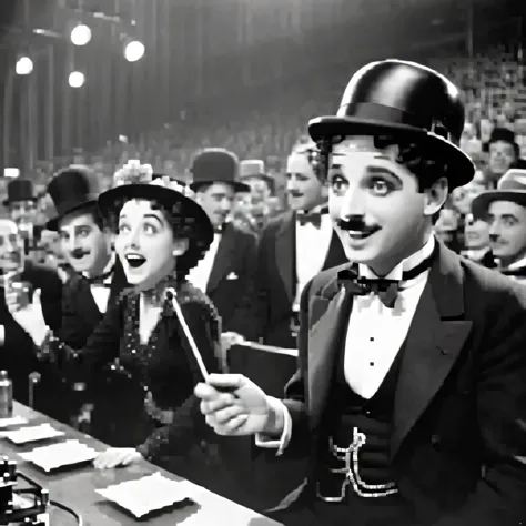 best quality,Super detailed,Old movie style,vintage cinematography,Charming black and white,grainy texture,classic movie scene,masterpiece:1.2,retro,The charm of old Hollywood,iconic silent film era,Charlie chaplin,comedy genius,Farce humor,timeless charm,...