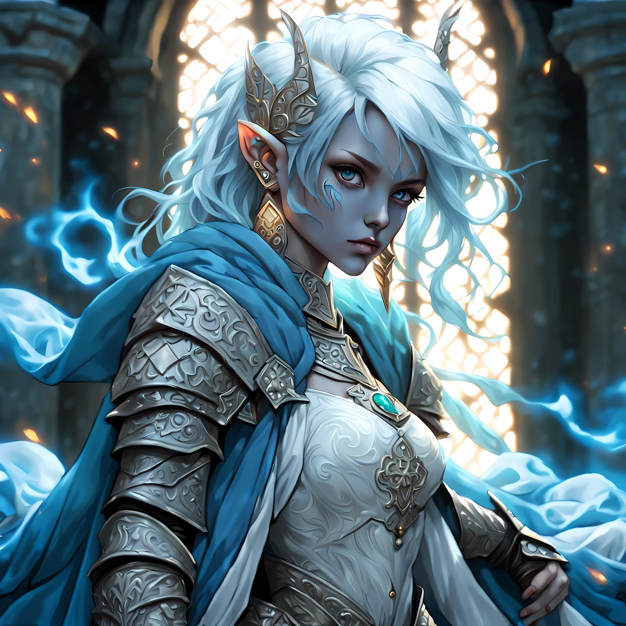 fantasy art, dnd art, RPG art, wide shot, (masterpiece: 1.4) a (portrait: 1.3) intense details, highly detailed, photorealistic, best quality, highres, portrait a female (fantasy art, Masterpiece, best quality: 1.3) ((blue skin: 1.5)), intense details facial details, exquisite beauty, (fantasy art, Masterpiece, best quality) cleric, (blue: 1.3) skinned female, (white hair: 1.3), bald head (green: 1.3) eye, fantasy art, Masterpiece, best quality) armed a fiery sword red fire, wearing heavy (white: 1.3) half plate mail armor, wearing high heeled laced boots, wearing an(orange :1.3) cloak, wearing glowing holy symbol GlowingRunes_yellow, within fantasy temple background, action shot reflection light, high details, best quality, 16k, [ultra detailed], masterpiece, best quality, (extremely detailed), close up, ultra wide shot, photorealistic, RAW, fantasy art, dnd art, fantasy art, realistic art,((best quality)), ((masterpiece)), (detailed), perfect face, ((no ears: 1.6))