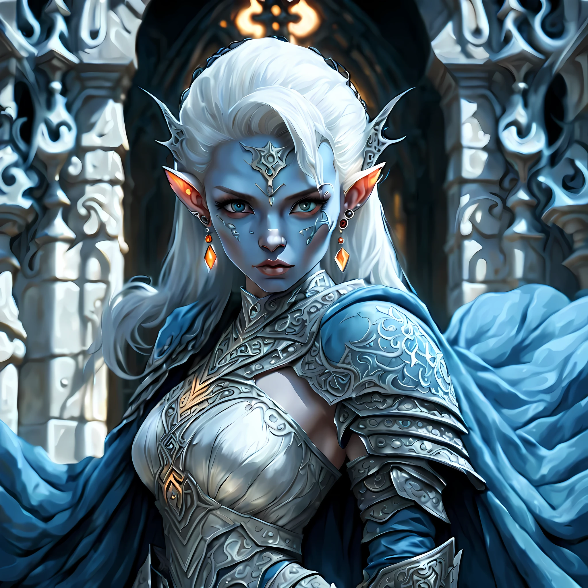 fantasy art, dnd art, RPG art, wide shot, (masterpiece: 1.4) a (portrait: 1.3) intense details, highly detailed, photorealistic, best quality, highres, portrait a female (fantasy art, Masterpiece, best quality: 1.3) ((blue skin: 1.5)), intense details facial details, exquisite beauty, (fantasy art, Masterpiece, best quality) cleric, (blue: 1.3) skinned female, (white hair: 1.3), bald head (green: 1.3) eye, fantasy art, Masterpiece, best quality) armed a fiery sword red fire, wearing heavy (white: 1.3) half plate mail armor, wearing high heeled laced boots, wearing an(orange :1.3) cloak, wearing glowing holy symbol GlowingRunes_yellow, within fantasy temple background, action shot reflection light, high details, best quality, 16k, [ultra detailed], masterpiece, best quality, (extremely detailed), close up, ultra wide shot, photorealistic, RAW, fantasy art, dnd art, fantasy art, realistic art,((best quality)), ((masterpiece)), (detailed), perfect face, ((no ears: 1.6))