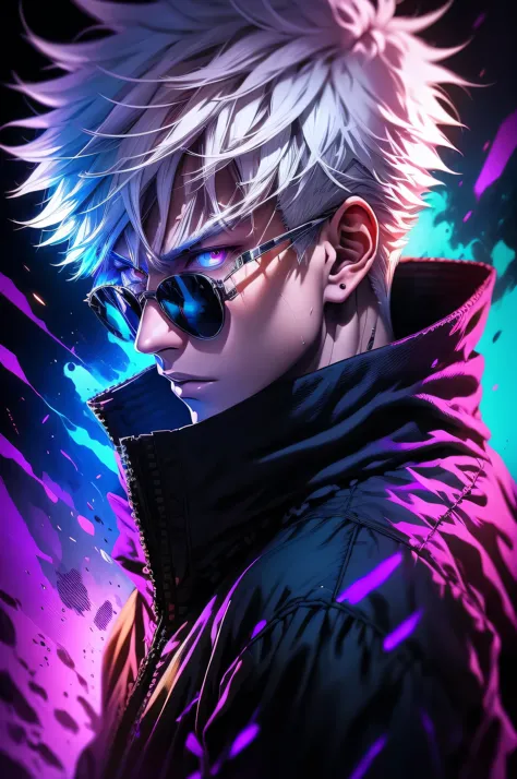 a man with white hair and a purple jacket holding a cell phone, cyberpunk art inspired by Munakata Shikō, tumblr, digital art, u...