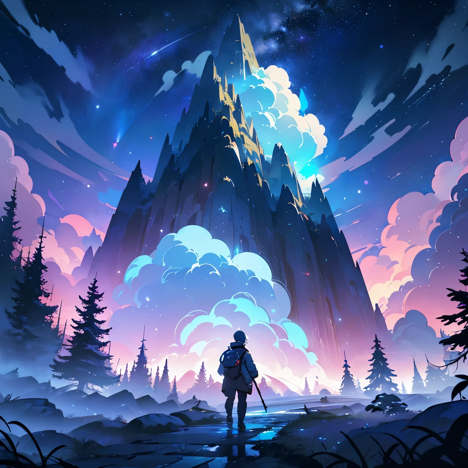 A man standing in front of a mountain with a sky background - SeaArt AI