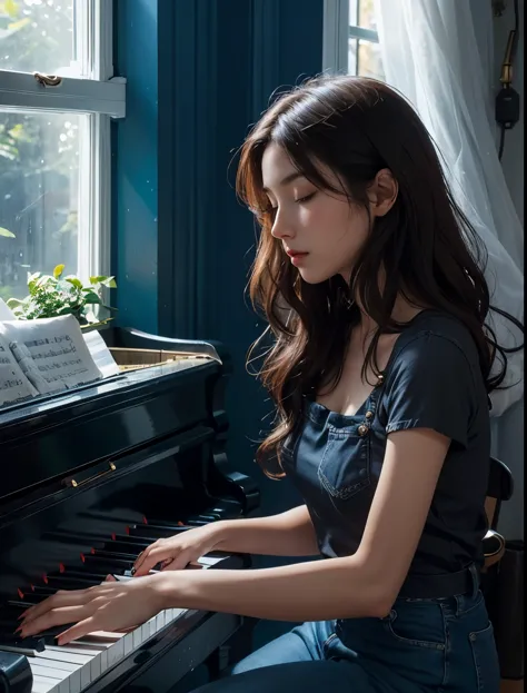 A beautiful woman. Dark brown hair. Twenties. Wearing a T-shirt and blue jeans. The season is summer. A black piano was placed n...
