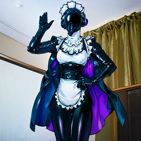 16k, HD, Professional, Highly Detailed, ((Masterpiece: 0.3)), (((High Quality))), anime, blank face, null, female, (big (diaper)), crow, ((beak)), latex, ((latex face)), (hot pink (frilly maid dress)), skirt, apron, cleaning, gamer, cleaning, standing in k...