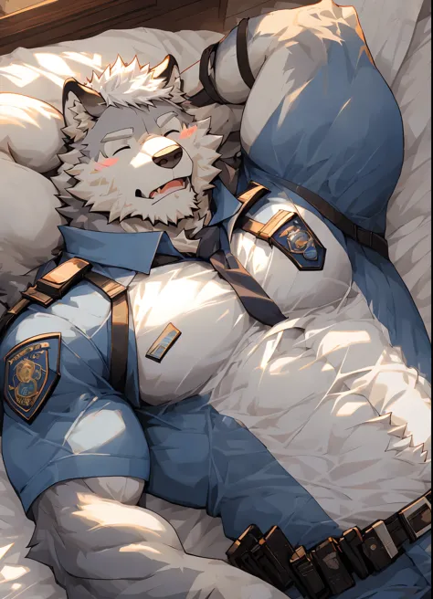 （masterpiece），（Very detailed），（best quality），hairy，Wolf，gray fur，white hair，golden pupil muscles，eyes closed（blush 1.1），（police uniform （Open the 1.2）），（（Semi-naked 1.3）），Lying in bed，8k，（（high quality））
