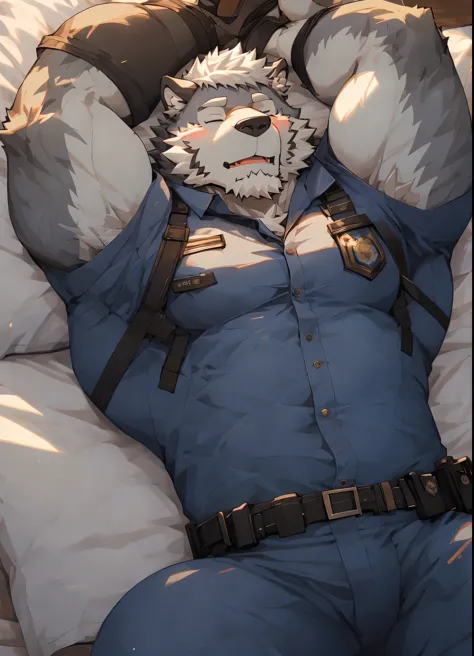 （masterpiece），（Very detailed），（best quality），hairy，Wolf，gray fur，white hair，golden pupil muscles，eyes closed（blush 1.1），（police uniform （Open the 1.2）），（（Semi-naked 1.3）），Lying in bed，8k，（（high quality））