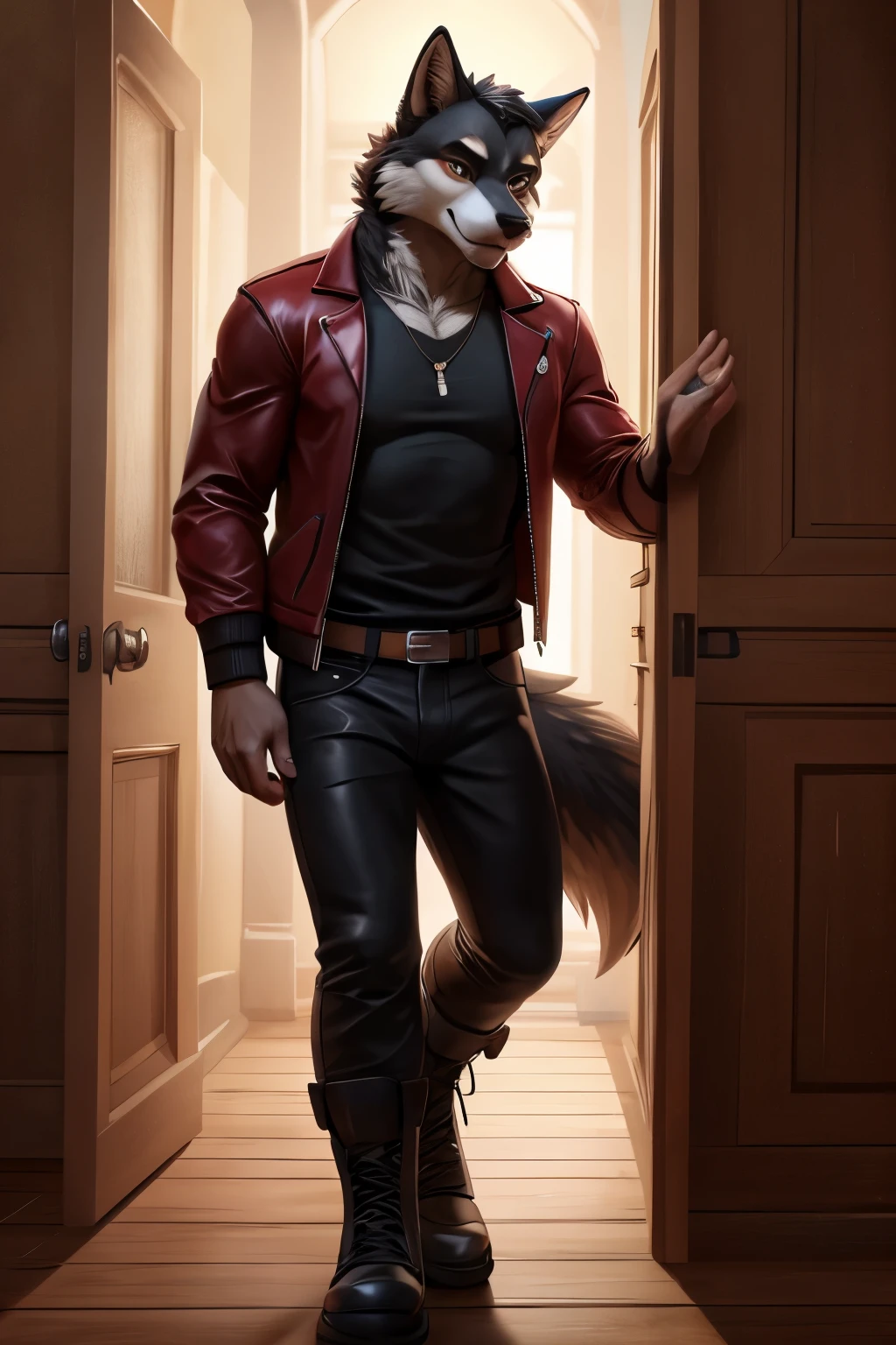 黒いオオカミ. 男. 赤いTシャツを着て, ブラック ラザー ジャケット, 黒のジーンズ, 黒いブーツ,