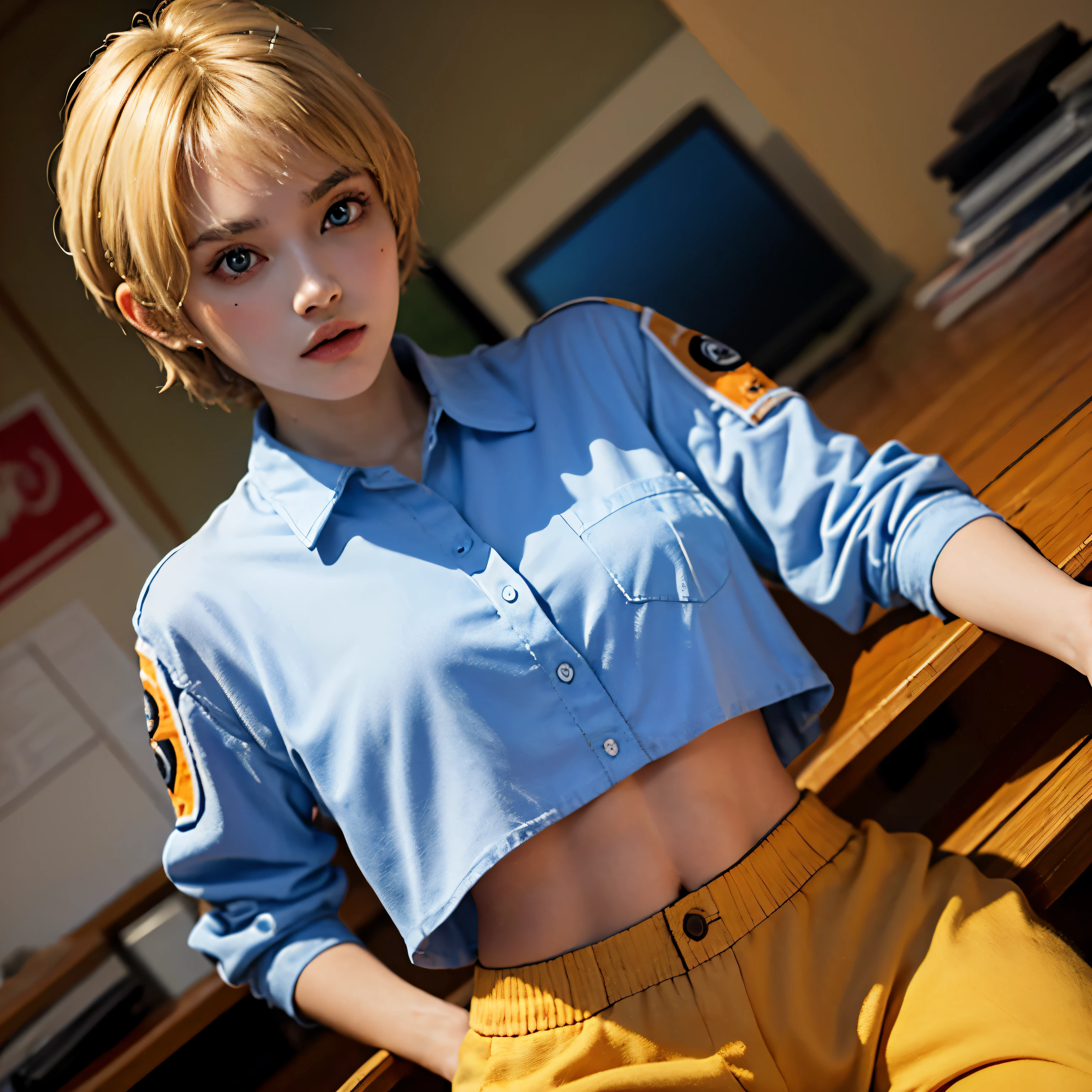 1girl wearing beige very transparent shirt wattson \(apex legends\), wattson, (best quality, masterpiece, dynamic angle, highest detailed),upper_body, tight, blonde hair,short hair,blue eyes,detailed eyes,expressive detailed eyes,wide eyed,detailed pupils,orange ,beige transparent shirt white pants,small_breasts,cut face,big eyes, face details,