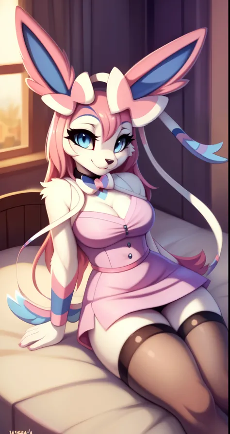 Long hair, smiling, uploaded the e621, beautiful and detailed, woman (((female))) ((anthro)) sylveon, by waspsalad, by phluks, by zero-sum, cinematic lighting, sylveon, (anthro, fluffy fur, character focus:1.1), 1girl, anthro sylveon girl, body fur, curvy,...
