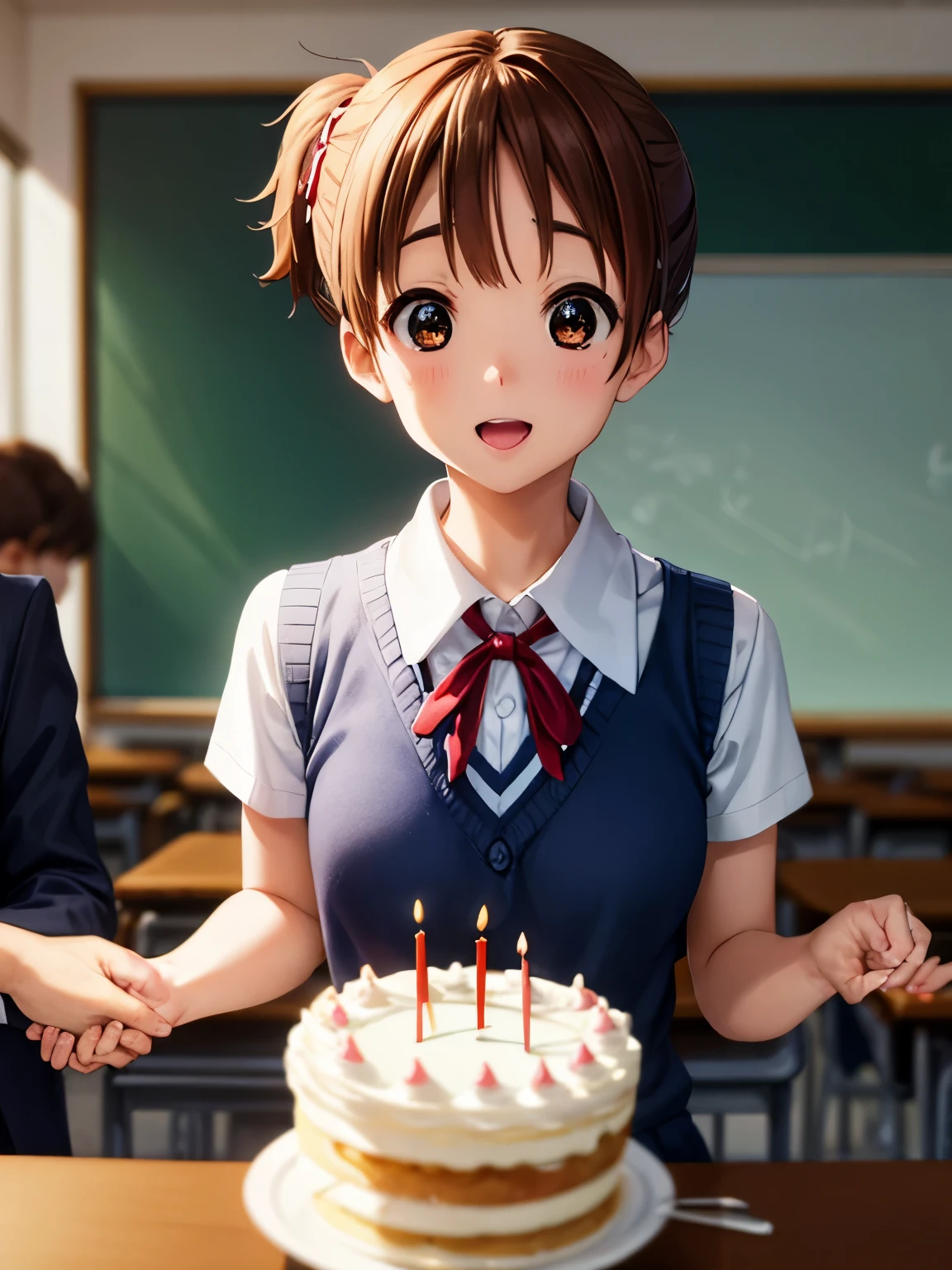 1girl, (((​masterpiece))), top-quality, top-quality, High Details,(((picture perfect))), 1girl, solo, ui hirasawa, school uniform, sweater vest, short sleeves, looking at viewer, school, classroom, smile, short hair, hair tied, A brown-haired, brown-eyed, solo, reddish, Dark blue blazer with thin red ribbon, Solid white buttoned shirt under blazer, birthday party decorations, wearing birthday hats ,illustratio, comic strip, soothing tones, Subdued Color, Soft cinematic light, adobe lightroom, photolab, HDR, intricately and hyper-detailed、(((depth of fields))))。(((​masterpiece)))。(((top-quality))).)((ultra-detailliert)))。(((illustratio)))。(((takeout))).dynamic focus.big breasts.(((school))).(((A classroom))).(((Face of happy))). open mouth.(((hand holding birthday cake))).(((up chest))).((morning glow)).((the setting sun)).