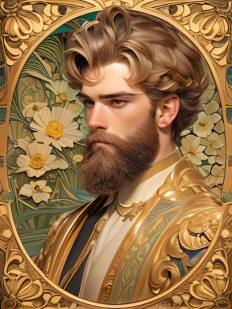 high quality, super realistic, Envision a hyper-realistic composition that seamlessly integrates the exquisite detail of a handsome man with beard, with the dreamlike elegance of Alphonse Mucha, creating a insanely handsome man’s portrait where realism and Art Nouveau mystique converge, An extremely seductive masculine and handsome man is depicted against a backdrop of golden swirling patterns inspired by Mucha's iconic golden ornamental designs, The man is adorned in flowing garments that echo Mucha's romantic style, with intricate patterns intertwining seamlessly with the hyper-realistic details of his attire, by yukisakura, highly detailed,