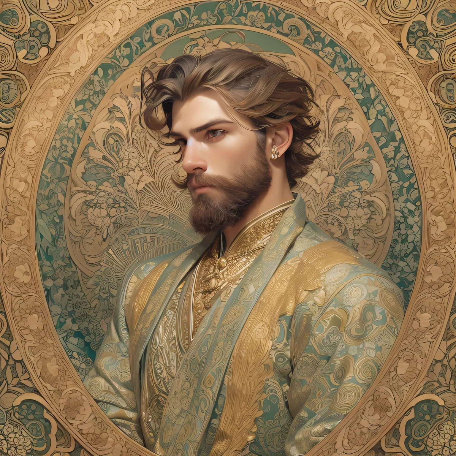 high quality, super realistic, Envision a hyper-realistic composition that seamlessly integrates the exquisite detail of a handsome man with beard, short hair, creating a insanely handsome man's portrait where realism and Art Nouveau mystique converge, An extremely seductive masculine and handsome man is depicted against a backdrop of golden swirling patterns inspired by Mucha's iconic golden ornamental designs, The man is adorned in flowing garments that echo Mucha's romantic style, with intricate patterns intertwining seamlessly with the hyper-realistic details of his attire, by yukisakura, highly detailed,