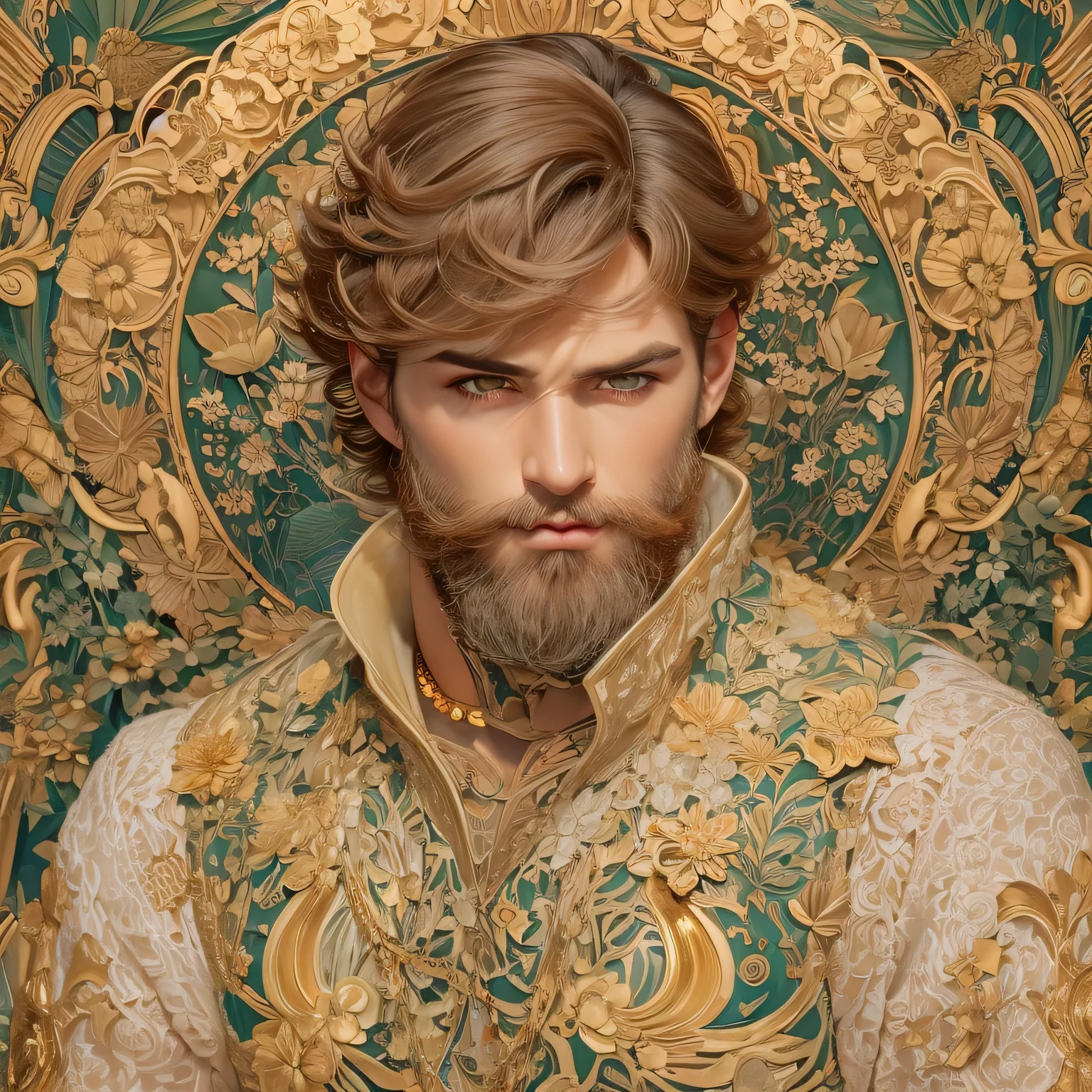 high quality, super realistic, Envision a hyper-realistic composition that seamlessly integrates the exquisite detail of a handsome man with beard, short hair, creating a insanely handsome man's portrait where realism and Art Nouveau mystique converge, An extremely seductive masculine and handsome man is depicted against a backdrop of golden swirling patterns inspired by Mucha's iconic golden ornamental designs, The man is adorned in flowing garments that echo Mucha's romantic style, with intricate patterns intertwining seamlessly with the hyper-realistic details of his attire, by yukisakura, highly detailed,