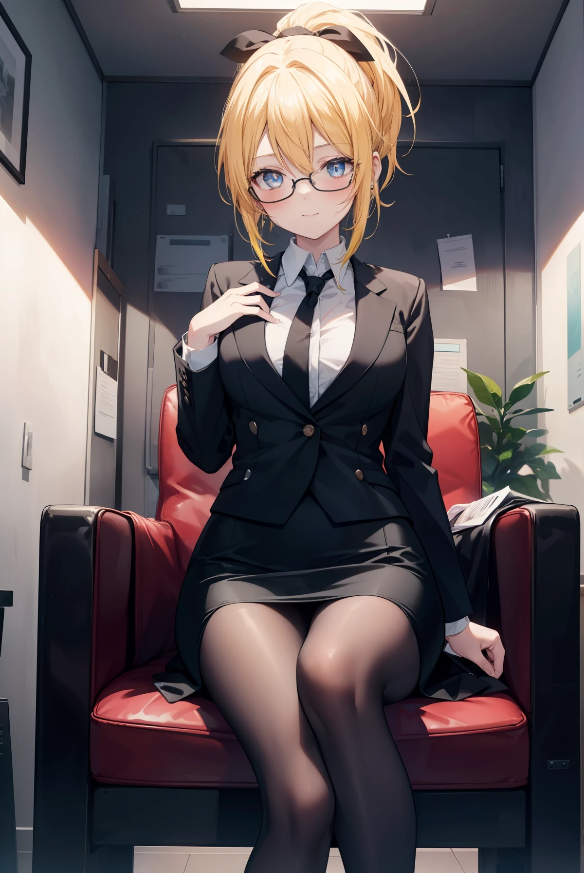 Area Yase, catalyst, yellow hair, blue eyes, ponytail, hair ribbon, 
OL,Black Abyss glasses, end, black suit jacket, collared jacket, white dress shirt, collared shirt, neckline, button, strap, ID card on the neck, black pencil skirt, black pantyhose, stiletto heels,smile, blush, looking at the viewer, charm, Mechanical,On a computer,sitting cross-legged on a chair, interior,touch typing ,　　　　　　　　　　　　　　　　　　　 break indoors, office,
break looking at viewer,
break (masterpiece:1.2), highest quality, High resolution, unity 8k wallpaper, (figure:0.8), (detailed and beautiful eyes:1.6), highly detailed face, perfect lighting, Very detailed CG, (perfect hands, perfect anatomy),