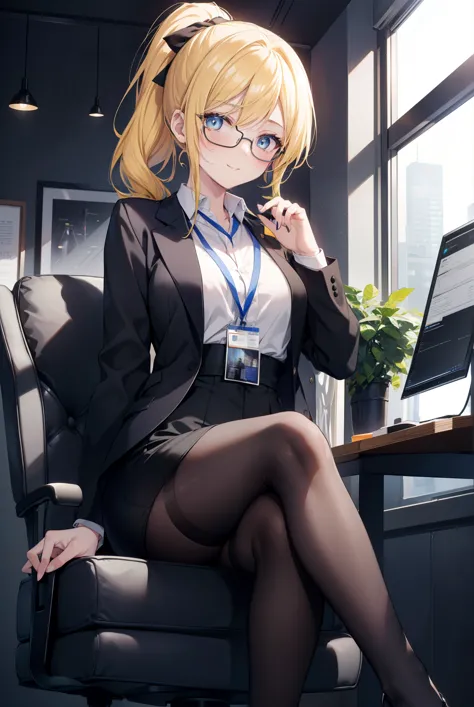Area Yase, catalyst, yellow hair, blue eyes, ponytail, hair ribbon, 
OL,Black Abyss glasses, end, black suit jacket, collared ja...