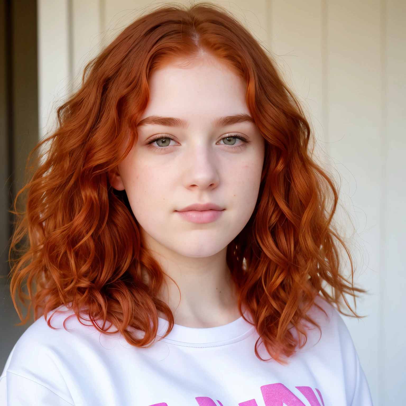 A close up of a woman with red hair wearing a white shirt - SeaArt AI