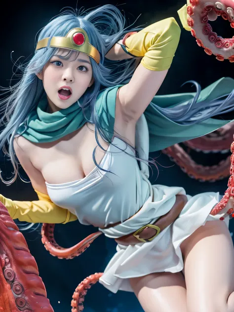  sage_(DQ3),long hair, blue hair, circlet, red eyes,small breasts, yellow gloves, white dress, belt, cape, boots,screaming face,legs open, Countless tentacles wrapped around the girl, (tentacles wrap around legs, A spectacular tentacle wraps around your wa...