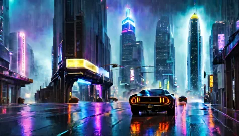 (best quality, highres, realistic, vivid colors), neon cityscape, futuristic city background, rain-soaked streets, bustling crow...