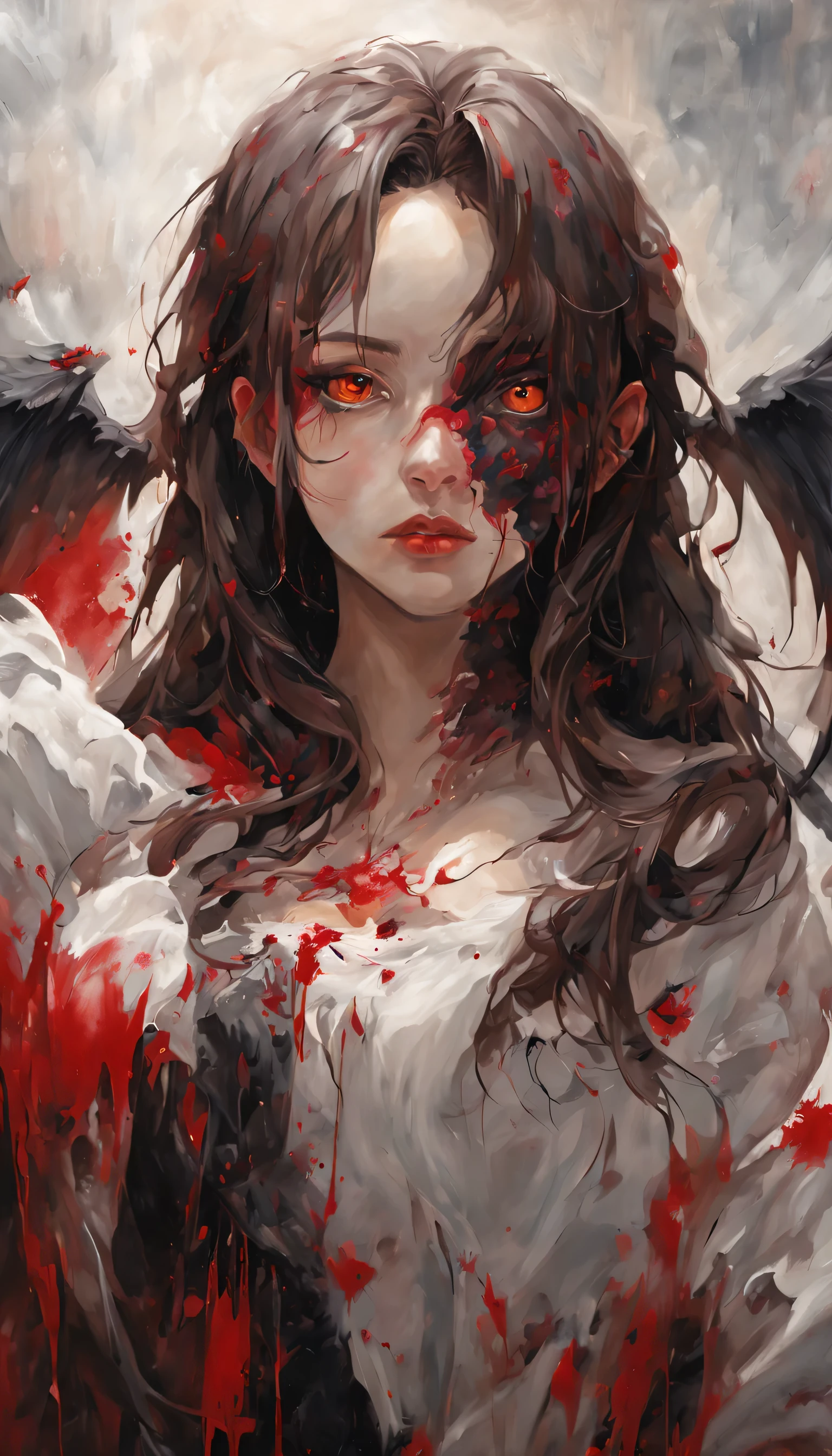 wet-on-wet oil painting depicting a dark angel, a semi-realistic portrait, blood on the angel face,bloody hands, medium shot, red eyes, snake eyes, 