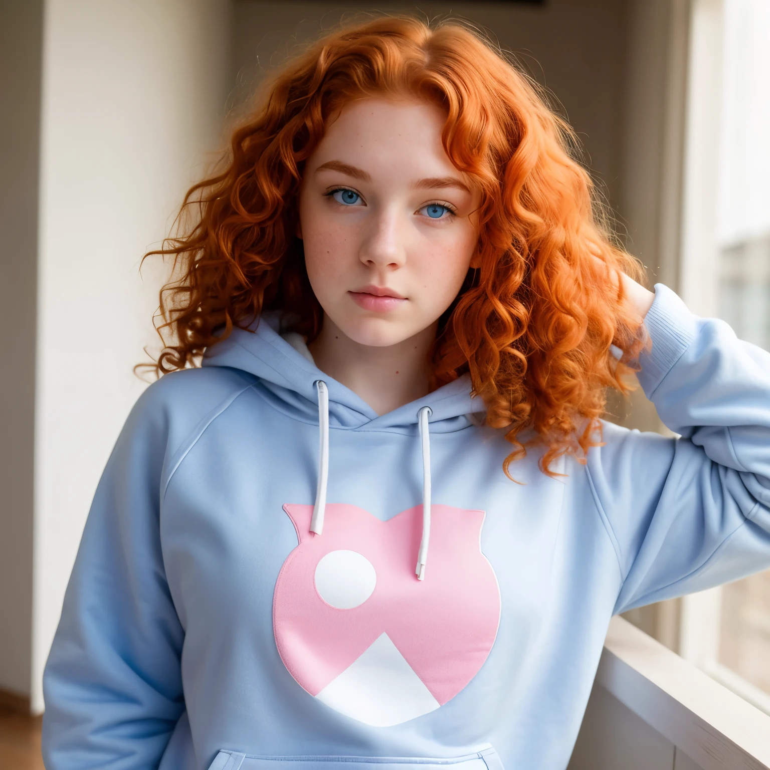 There is a woman with red hair wearing a blue hoodie - SeaArt AI