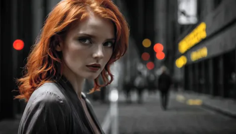 film shot, movie shot of beautiful female with red hair in Sin City, ((Selective color):1.2), Noir movie, smooth lines; Express ...