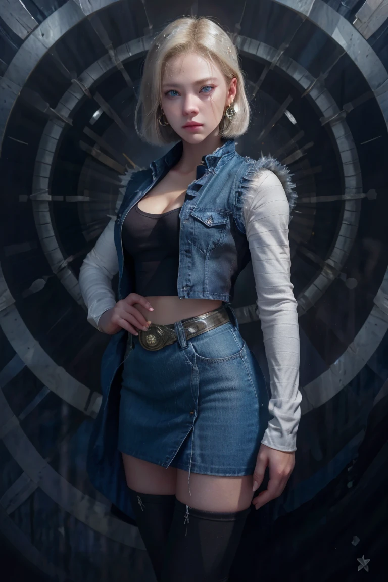Realistic Android 18, wasp body, full, blonde hair, blue eyes, eyelashes, earrings, short hair, earring, black sock, chest pocket, cleavage, collarbone, denim, denim skirt, high waist miniskirt, detailed legs , jewelry, long sleeves. , pocket, black shirt, tucked in shirt, high waist skirt, stripes, striped sleeves, short vest, correct hands, black pantyhose, large volume detailed legs.Clothes attached to the body. white sports shoes. 