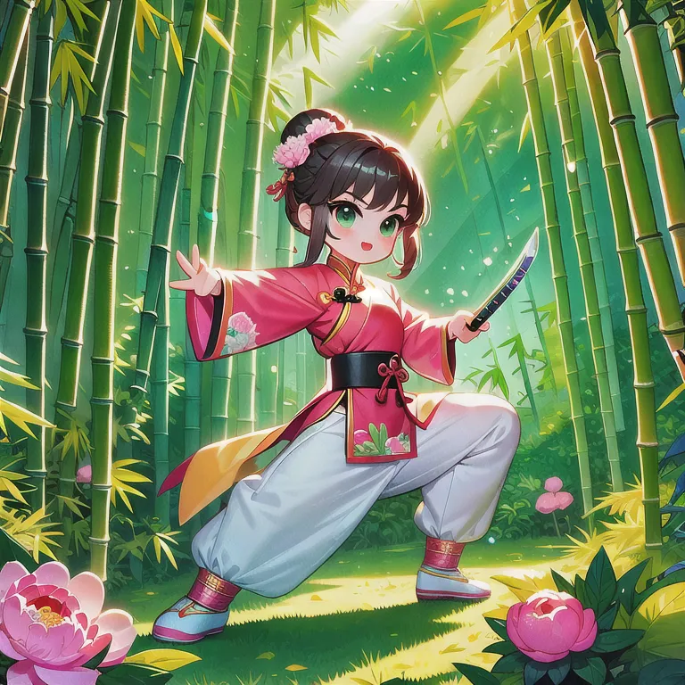 Cute cartoon, Chinese martial arts, vector illustration, 1girl, bamboo forest, martial arts, energetic pose, holding long sword,...