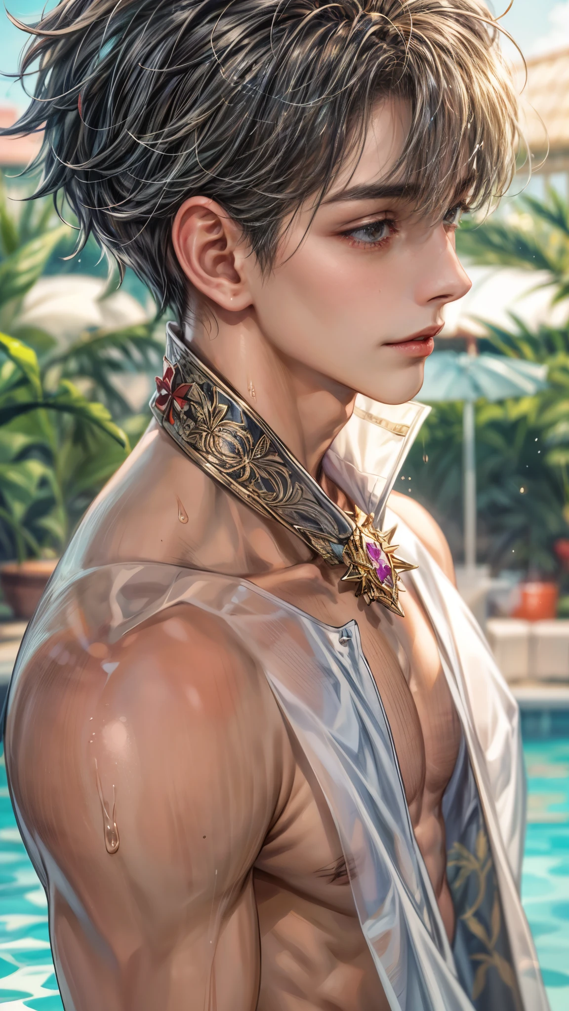 (absurdres, highres, ultra detailed, HDR), masterpiece, intricate, best quality, close-up portrait of a handsome anime character, captivating scene , boy enjoying a luxurious poolside. Incorporate elements of nature, architecture, and the character's unique charm to create a visually stunning and immersive environment.