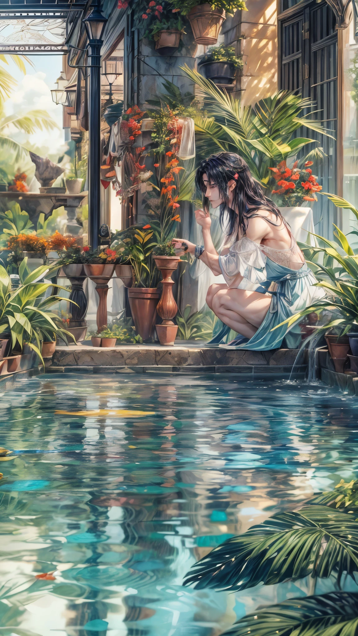 (absurdos, alta resolução, ultra detalhado, HDR), obra de arte, Intrincado, melhor qualidade, retrato em close de um personagem de anime bonito, cena cativante , garoto desfrutando de um luxo à beira da piscina. Incorpore elementos da natureza, Arquitetura, e o charme único do personagem para criar um ambiente visualmente deslumbrante e envolvente.