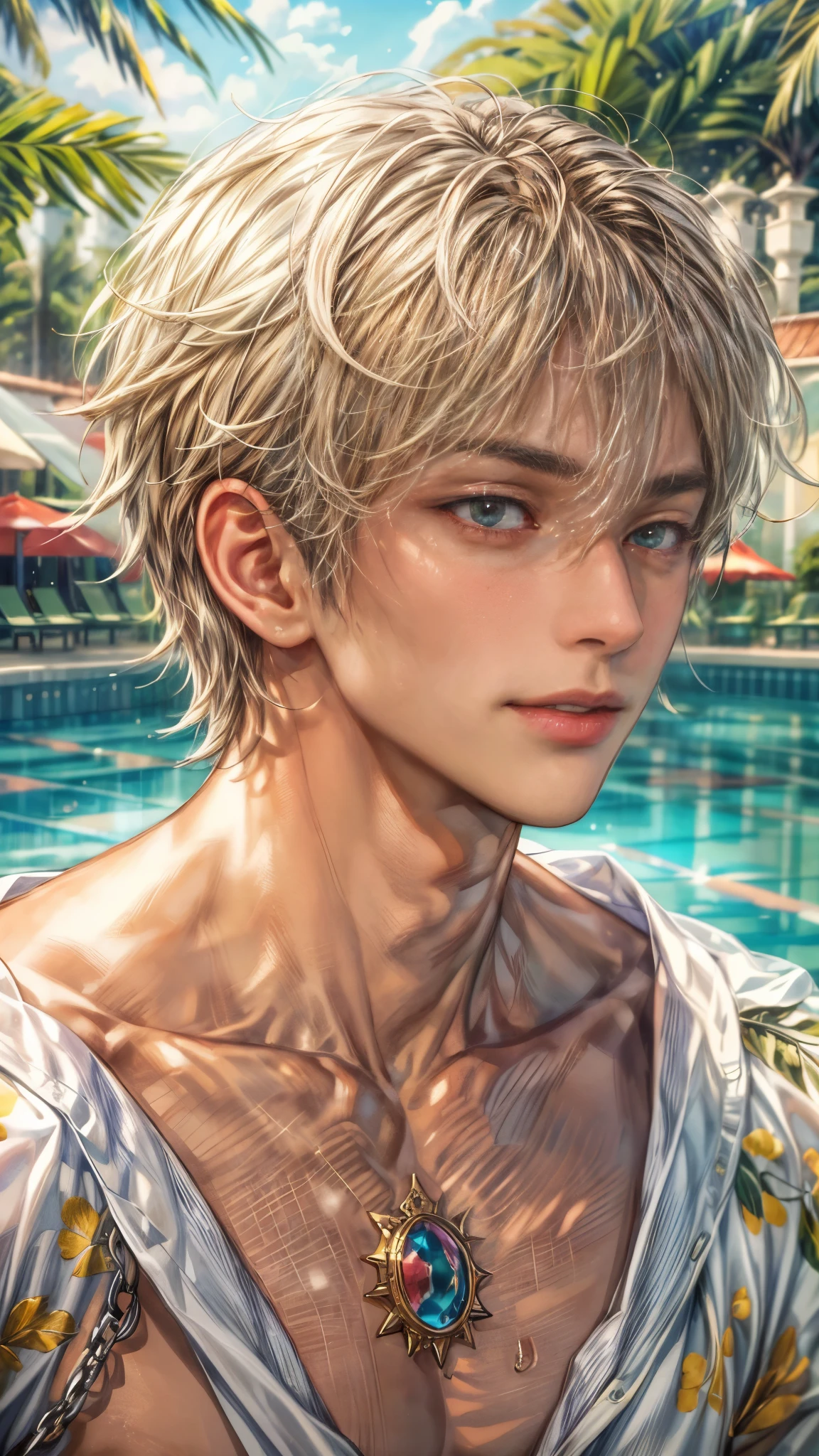 (absurdres, highres, ultra detailed, HDR), masterpiece, intricate, best quality, close-up portrait of a handsome anime character, short hair, original hair, captivating scene , boy enjoying a luxurious poolside. happy face, topless, Incorporate elements of nature, architecture, and the character's unique charm to create a visually stunning and immersive environment.