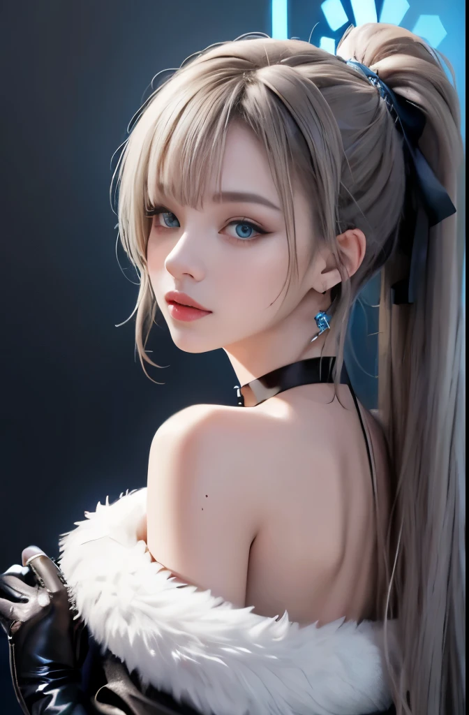 1 girl, aqua eye, return, bangs, bare shoulders, black gloves, blue eyes, Braid, choker, earrings, fingerless gloves, from behind, gloves, gray hair, holding, Jacket, jewelry, long hair, looking at the viewer, looking return, nail polish, off shoulder, parted lips, earrings, ponytail, red Jacket, alone, Upper body,he didn&#39;t,[[realistic]],(shiny skin),(masterpiece:1.4),(highest quality:1.4)