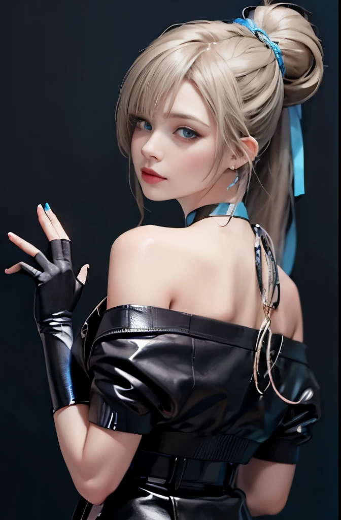 1 girl, aqua eye, return, bangs, bare shoulders, black gloves, blue eyes, Braid, choker, earrings, fingerless gloves, from behind, gloves, gray hair, holding, Jacket, jewelry, long hair, looking at the viewer, looking return, nail polish, off shoulder, parted lips, earrings, ponytail, red Jacket, alone, Upper body,he didn&#39;t,[[realistic]],(shiny skin),(masterpiece:1.4),(highest quality:1.4)