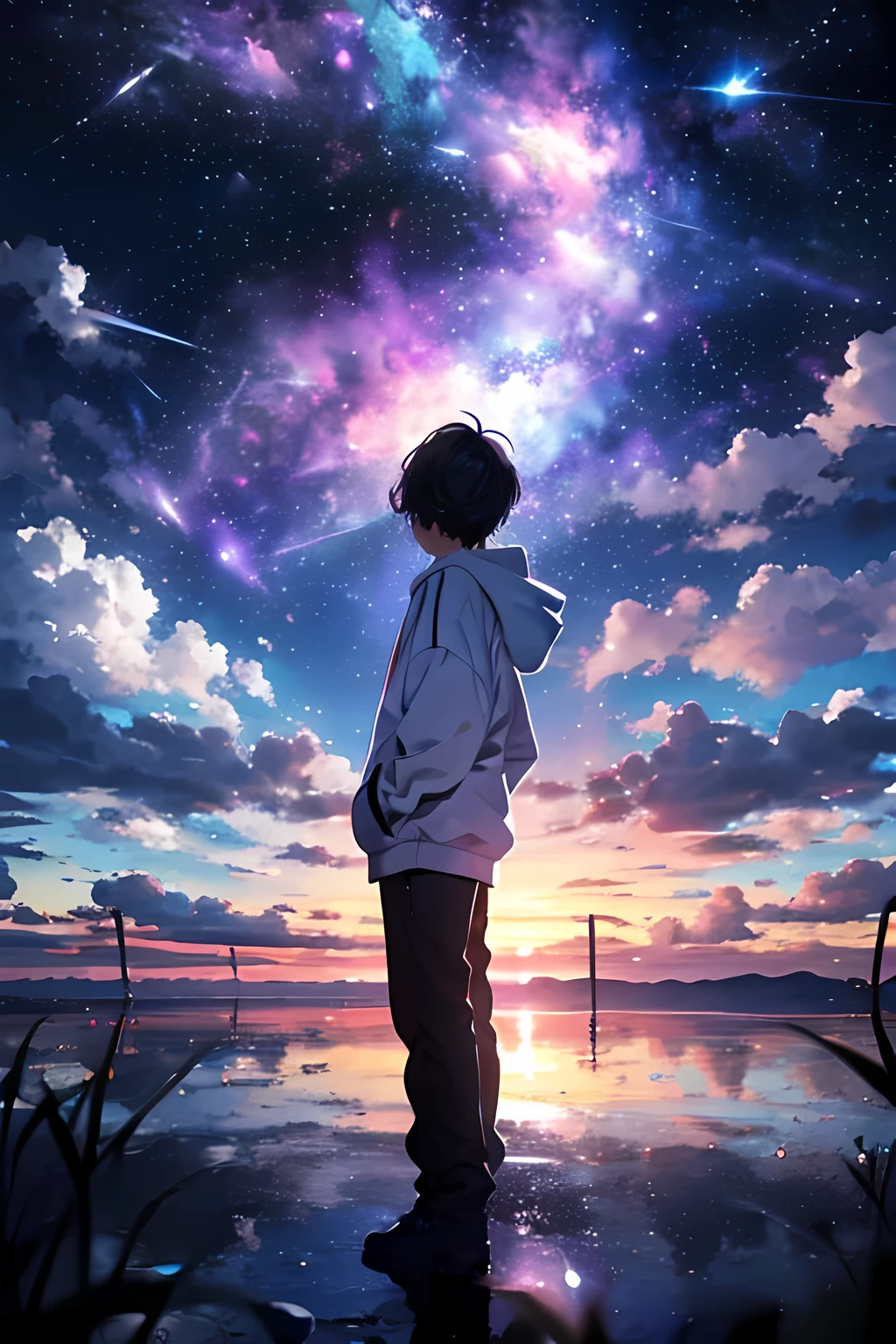 1 boy, clouds mountain background, wearing white oversize hoodie, angel, no face, high resolution, 4k, 8k, UHD, aura, purple aura coming out of hands, standing in middle of sparkling clouds, facing away, wind blowing fast, 