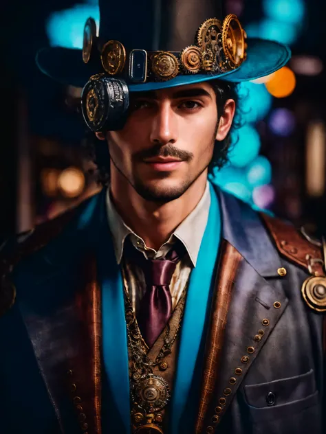 One is wearing a hat、wearing a suit、man wearing tie, Steampunk male portrait, Close-up portrait of a technician, Super detailed ...