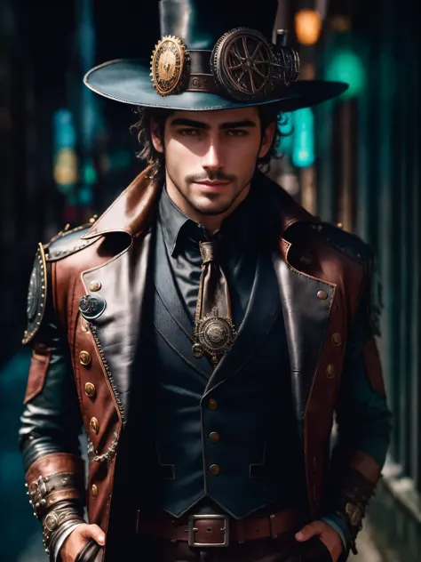 One is wearing a hat、Wearing a black leather suit、open to reveal hairy chest muscles！man wearing tie, Steampunk male portrait, p...