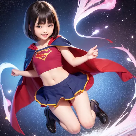 Easter piece where elementary school students wear Supergirl clothes、highest quality、Spreading black hair、bob cut with trimmed e...
