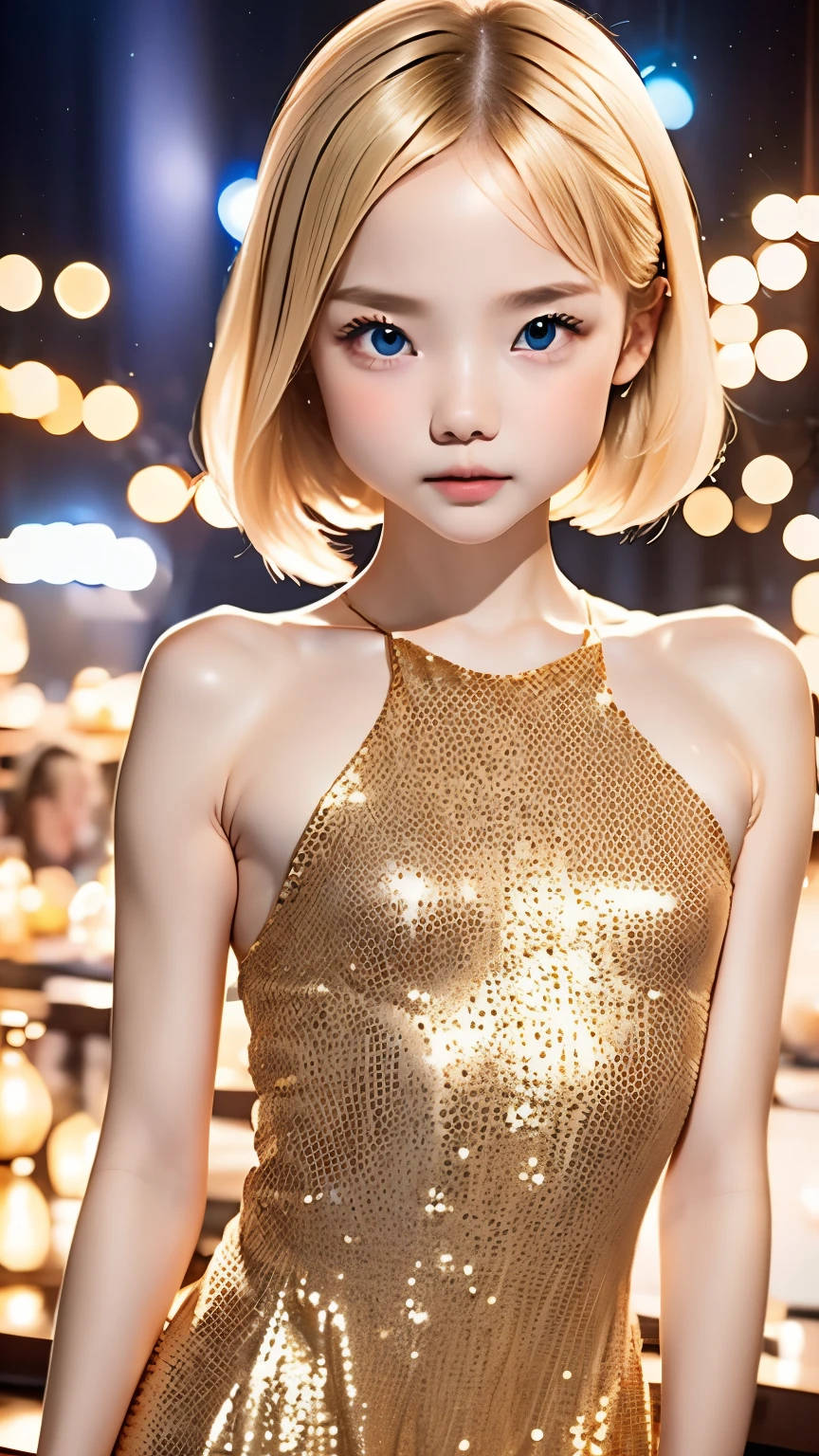 RAW shooting、Photoreal、Masseter muscle part、one girl、baby face、very cute、Slender and beautiful、((small breasts:1.2))、realistic eyes、The eyes are realistic、Realistic and carefully drawn eyes、charming eyes、platinum blonde hair、short bob、choken sequin dress、Champagne Gold Dress、Chess gangte sleeveless dress with bold opening、cumbersome pose、luxury dance hall、dimly lit dance hall、small title background、highest quality、ultra high resolution、８ｋ、
