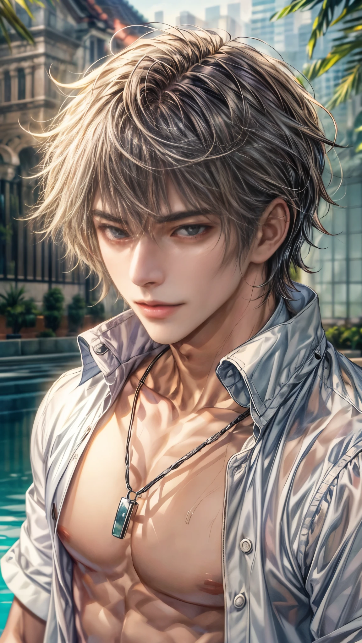 (absurdres, highres, ultra detailed, HDR), masterpiece, intricate, best quality, close-up portrait of a handsome anime character from ayashino ceres, short hair, original hair, captivating scene , boy enjoying a luxurious poolside. happy face, topless, see through shirt showing chest, Incorporate elements of nature, architecture, and the character's unique charm to create a visually stunning and immersive environment, art kenouji.