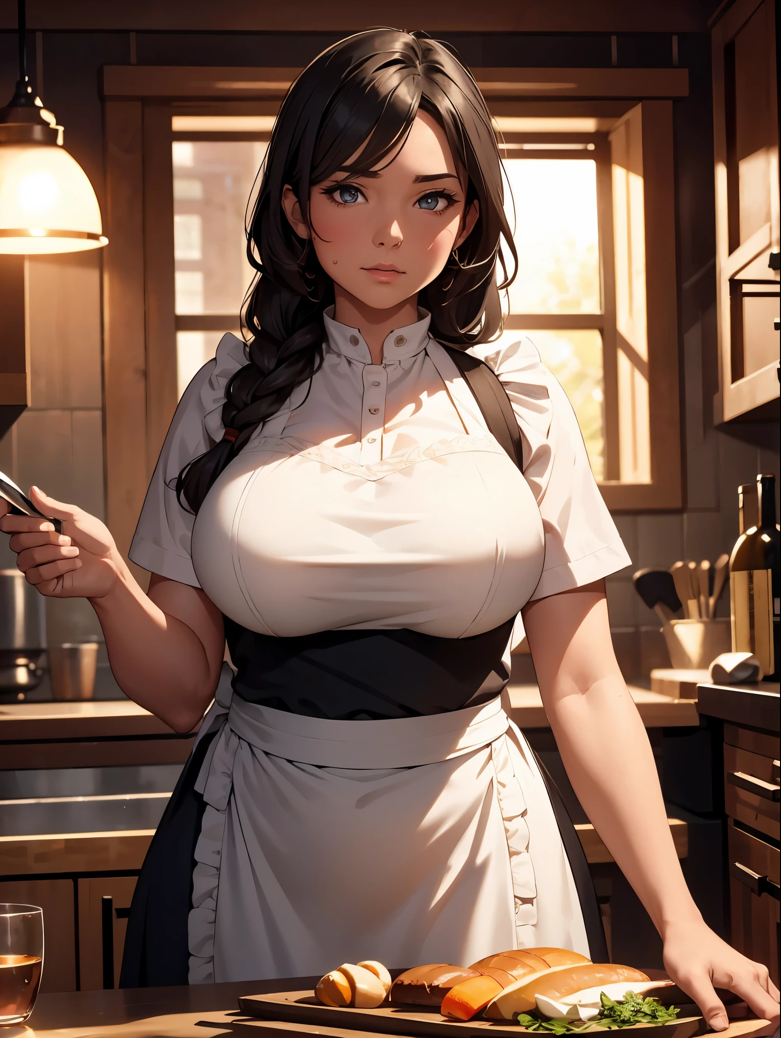 High detailed, 4k, Masterpiece, Cinematic Lighting, indirect lighting, evening mood, one voluptuous woman , fully clothed, kitchen apron, , , sweaty skin, braid, depth of field, wholesome, large breasts