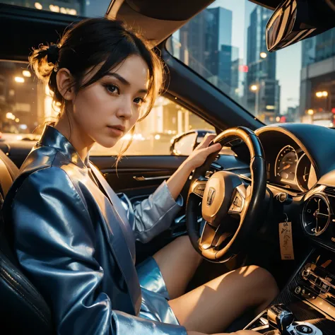 "picture this: low angle photography: a backlight ultra realistic japanese intense look to street ((edgy fashionable girl with s...