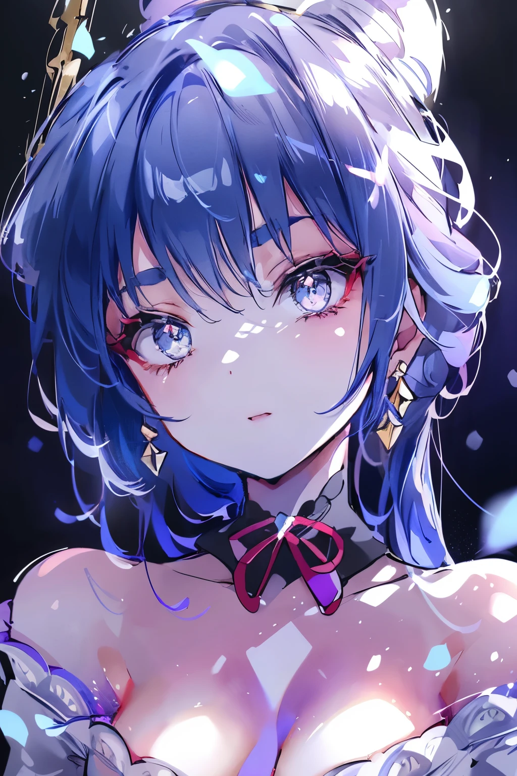 masterpiece, best quality, illustration, saxophone blue, platinum earrings, platinum necklace, white dress, 1 girl, Lovely, (Dynamic lighting:1.2), light, Exquisite facial features, delicate eyes, sharp pupils, realistic student, depth of field, Bokeh, sharp focus, (Super detailed, bloom, glow:1.4), many little gems